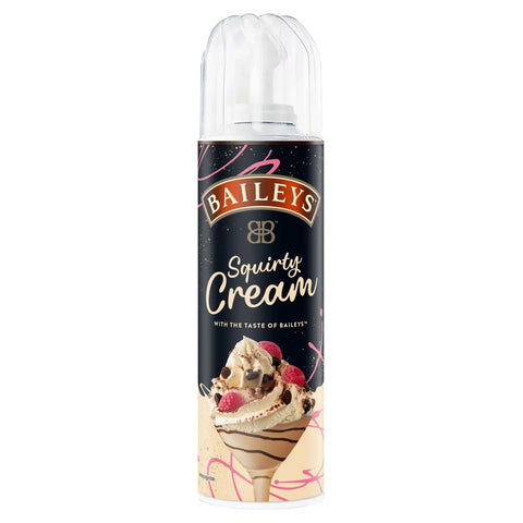 Baileys Squirty Cream bottle on a white background