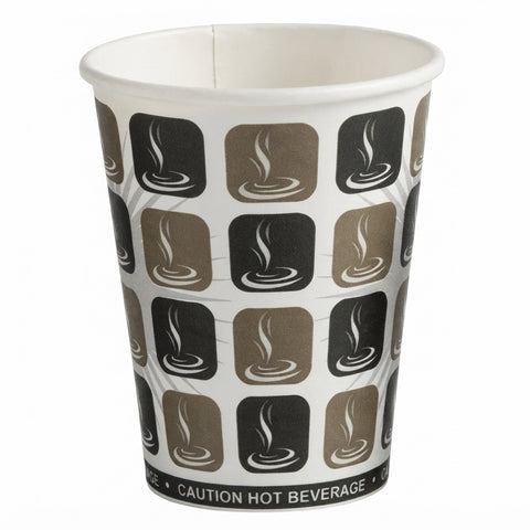 A white paper hot beverage cup with a repeating pattern of dark gray and brown squares containing a steaming coffee cup icon, with 'CAUTION HOT BEVERAGE' printed at the bottom.