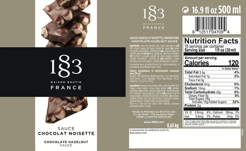 183 Maison Routin France chocolate hazelnut sauce label with product image and nutrition facts.