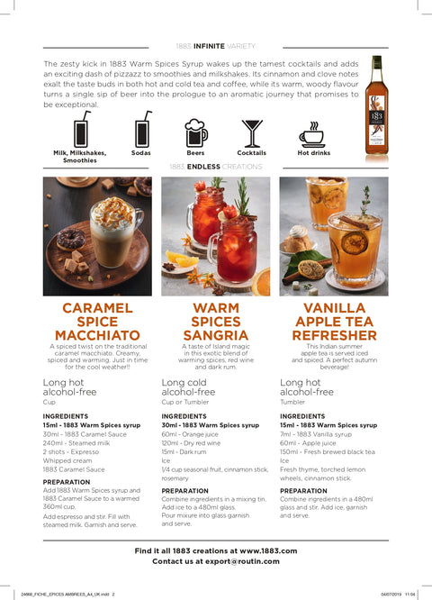 1883 Maison Routin Warm Spices Syrup Specification Recipes