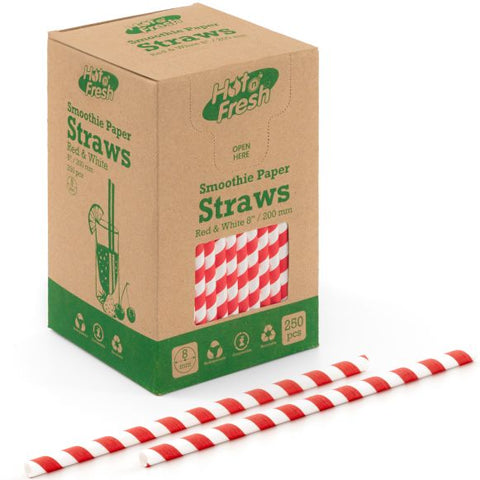 Paper Smoothie Straws - Red Striped 200 x 8mm (250)