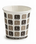 A white paper hot beverage cup with a repeating pattern of brown and beige coffee cup icons and a black band at the bottom reading 'CAUTION HOT BEVERAGE'.