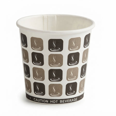 A white paper hot beverage cup with a repeating pattern of brown and beige coffee cup icons and a black band at the bottom reading 'CAUTION HOT BEVERAGE'.