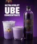 Ultra Violet UBE Concentrate with drinks on a purple background