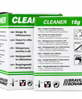 A box of Bravilor Bonamat coffee machine cleaner, 15g, shown on a white background. The packaging is white with bold green and black text and graphics, including icons for safety and usage instructions.