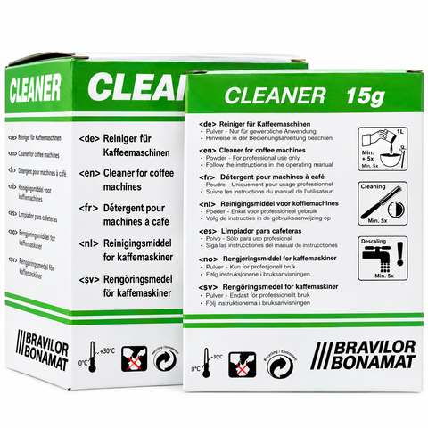 A box of Bravilor Bonamat coffee machine cleaner, 15g, shown on a white background. The packaging is white with bold green and black text and graphics, including icons for safety and usage instructions.