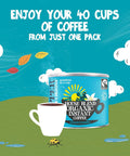 A stylized promotional graphic for House Blend Organic Instant Coffee. A blue coffee can with a Fairtrade logo sits on a green hill beside a white coffee cup, with the text 'ENJOY YOUR 40 CUPS OF COFFEE FROM JUST ONE PACK' above on a bright blue sky background with clouds and leaves.