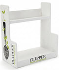 A white wooden display stand with two tiers, featuring printed branding for Clipper on the front and side panels with a decorative olive branch illustration.