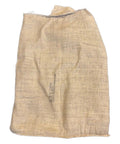 Beige burlap bag with text on a white background