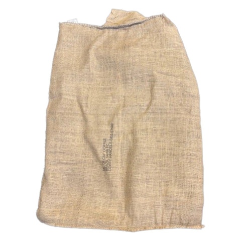 Beige burlap bag with text on a white background