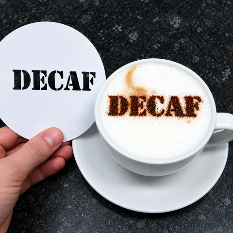 A hand holds a round white coaster printed with the word 'DECAF' in black stencil text next to a white cup of cappuccino on a saucer, with 'DECAF' also written in coffee powder on the foam. The background is a dark speckled countertop.