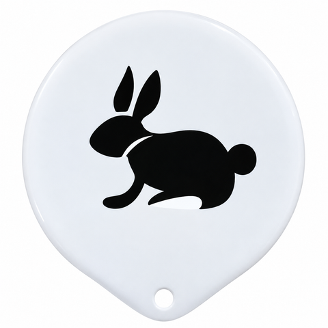 A white oval-shaped plastic accessory with a small hole at the bottom and a black rabbit silhouette printed in the center, shown on a plain white background.
