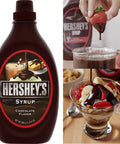 Bottle of Hershey's Chocolate Syrup with images of dessert being made.