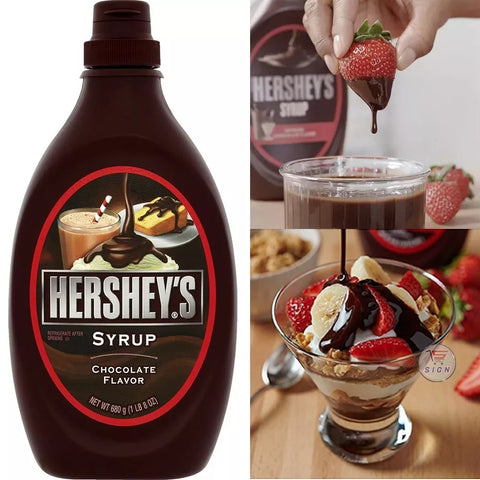 Bottle of Hershey's Chocolate Syrup with images of dessert being made.