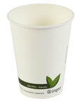 A white paper hot cup with a green band featuring the text 'ENViro-friendly' and a green leaf graphic, printed with the brand name 'ingeo'.
