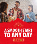 People enjoying coffee with a red banner featuring text and a logo.