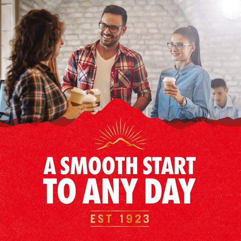 People enjoying coffee with a red banner featuring text and a logo.