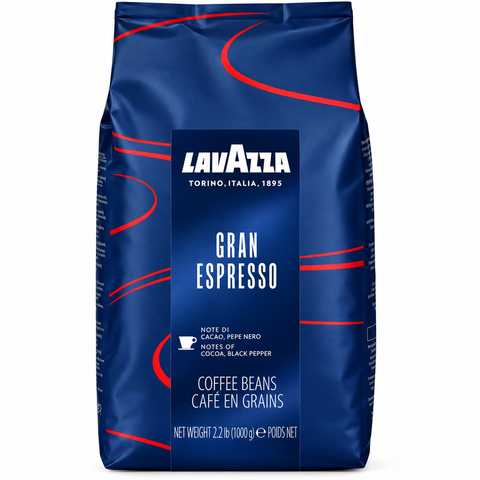 A 2.2 lb bag of Lavazza Gran Espresso coffee beans in its signature dark blue packaging with red and white text and graphics, set against a plain white background.