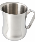 A stainless steel milk pitcher with a curved handle and brushed metal interior, shown on a plain white background.