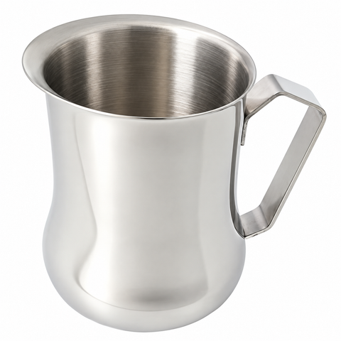 A stainless steel milk pitcher with a curved handle and brushed metal interior, shown on a plain white background.