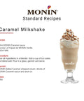 MONIN caramel milkshake recipe card with a glass of milkshake and whipped cream.