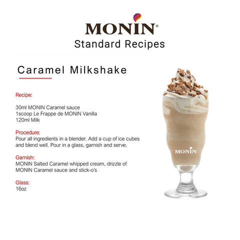 MONIN caramel milkshake recipe card with a glass of milkshake and whipped cream.