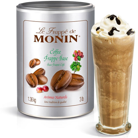 Le Frappe de Monin coffee frappe base canister with a glass of frappe on a white background