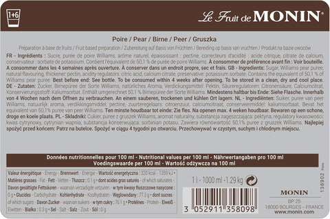 Monin Pear syrup label with text and product details