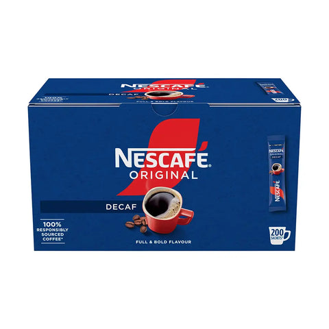 A blue box of Nescafe Original Decaf instant coffee, featuring a red and white logo, a graphic of a red mug filled with black coffee, and a side display of individual stick packs on a white background.