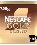 A 750g canister of Nescafe Gold Blend coffee, featuring a metallic gold and brown design with white branding and a small red leaf logo.