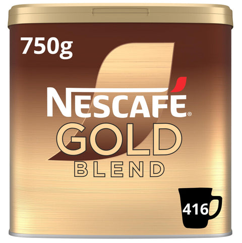 A 750g canister of Nescafe Gold Blend coffee, featuring a metallic gold and brown design with white branding and a small red leaf logo.