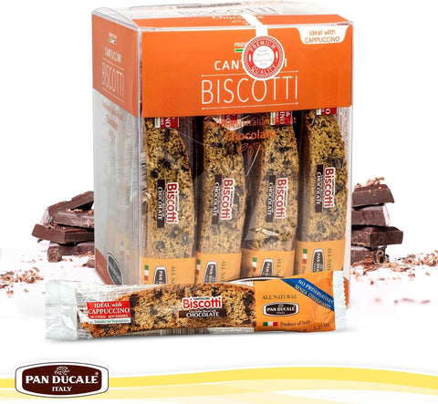 Box of Pan Ducale biscotti with chocolate pieces on a white background