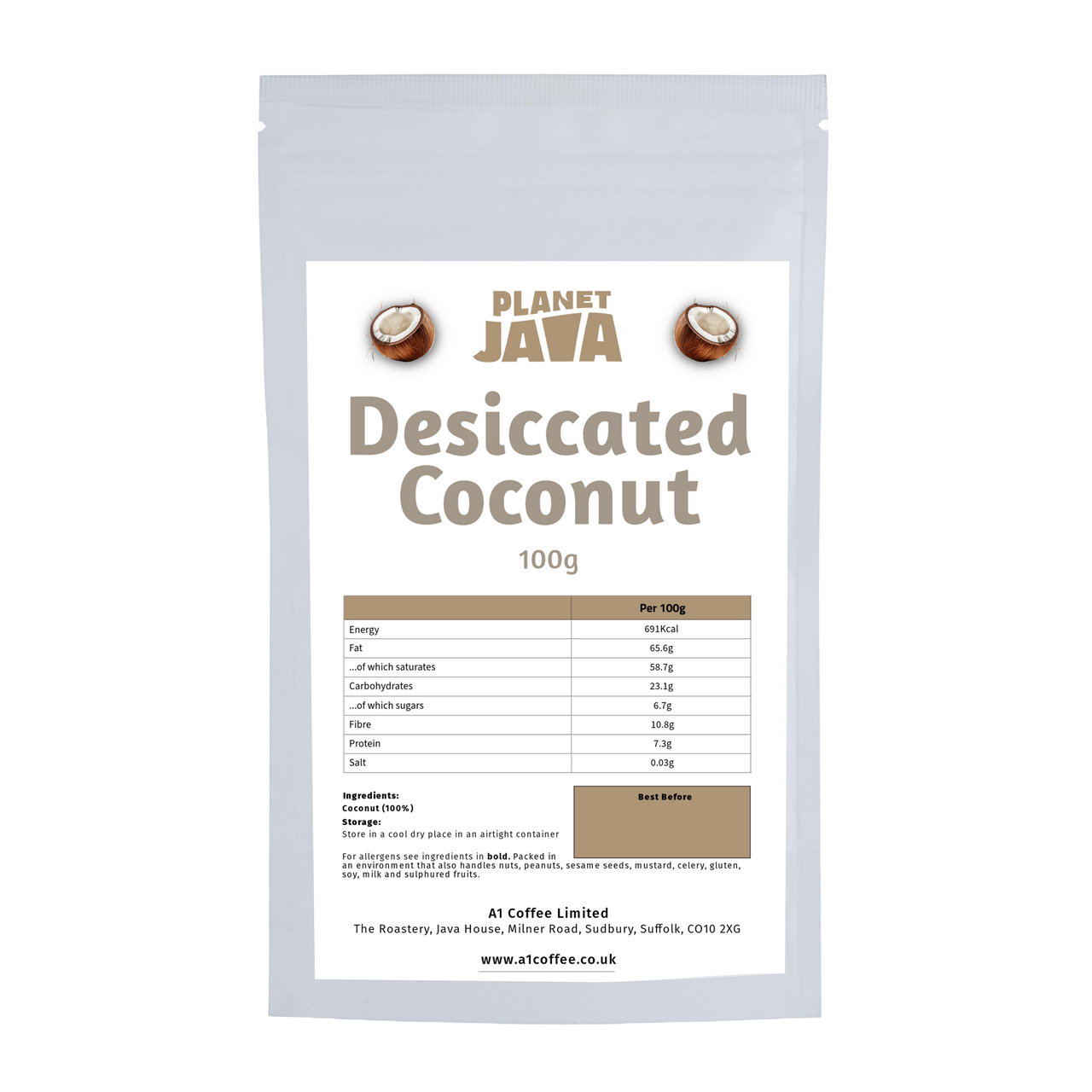Planet Java Desiccated Coconut | 100g Resealable Pouch – A1 Coffee