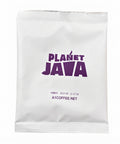 A white coffee packet with the brand name 'PLANET JAVA' printed in purple on the front, set against a plain white background.