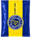 Planet Java coffee pouch with a bold blue and yellow vertical stripe design, featuring the brand logo and 'Planet Java' text on a white background.