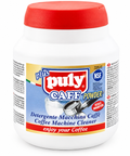 A white plastic jar of Puly Caffe Powder coffee machine cleaner with a red lid, shown on a white background.