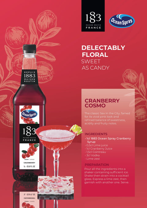 1883 Maison Routin Ocean Spray Cranberry Syrup - 1 Litre (Plastic Bottle)