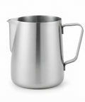 A stainless steel milk pitcher with a flat handle and pouring spout, shown on a clean white background.
