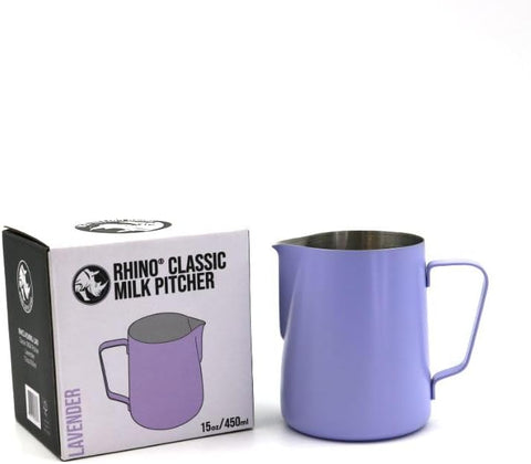 A lavender purple stainless steel milk pitcher next to its product packaging box, which is labeled 'RHINO CLASSIC MILK PITCHER' and 'LAVENDER'.