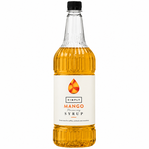 A 1-liter glass bottle of Simply Mango Flavouring Syrup with a black cap and a white label, shown on a solid white background.