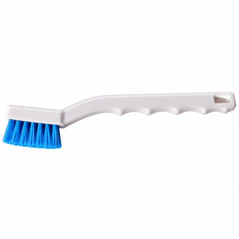 A plastic cleaning brush with a white handle and bright blue bristles, shown against a plain white background.