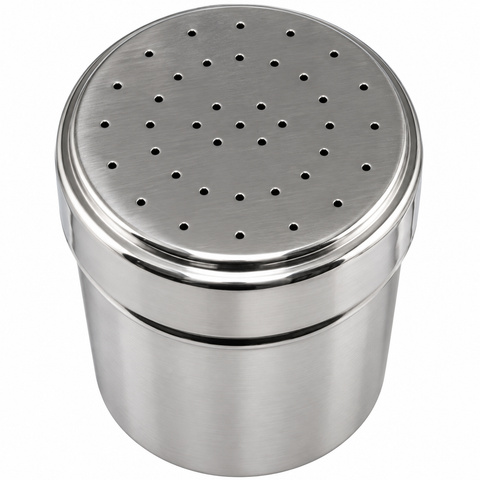 A stainless steel cylindrical shaker container with a perforated metal lid, shown on a plain white background.