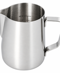 A stainless steel milk pitcher with a handle and printed measurement markings inside, shown on a plain white background.