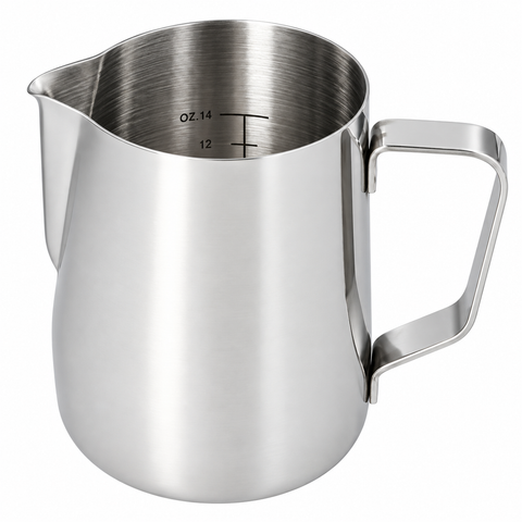 A stainless steel milk pitcher with a handle and printed measurement markings inside, shown on a plain white background.