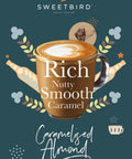Advertisement for Sweetbird caramel syrup with a cup of coffee on a dark blue background