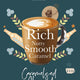 Advertisement for Sweetbird caramel syrup with a cup of coffee on a dark blue background