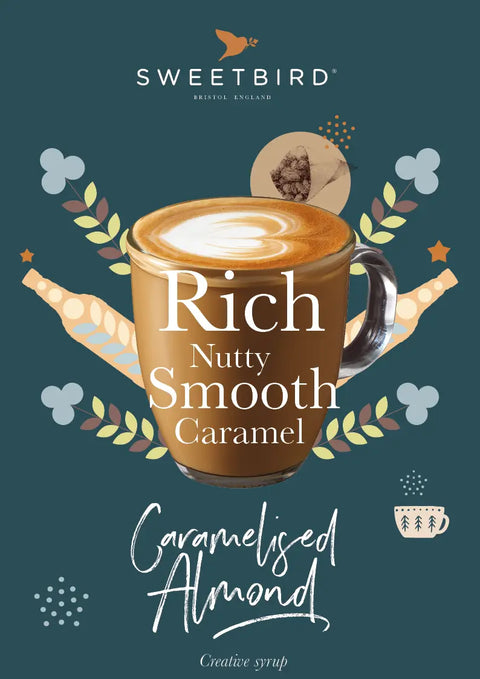 Advertisement for Sweetbird caramel syrup with a cup of coffee on a dark blue background