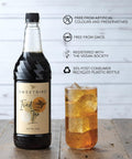 Bottle of Sweetbird Iced Tea with a glass of iced tea on a wooden surface, featuring sustainability certifications.