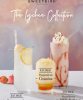 Promotional image of Sweetbird Lychee Collection with lychee lemonade, passionfruit granita, and strawberry milkshake.