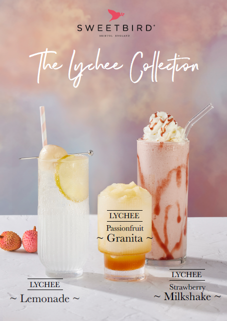 Promotional image of Sweetbird Lychee Collection with lychee lemonade, passionfruit granita, and strawberry milkshake.